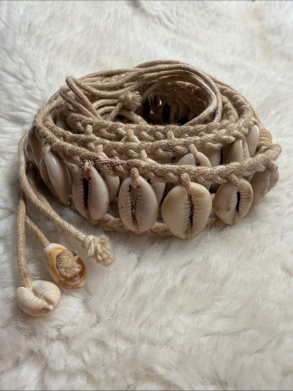 Boho Cowrie Shell Tie Waist Belt in Natural Beige Macrame